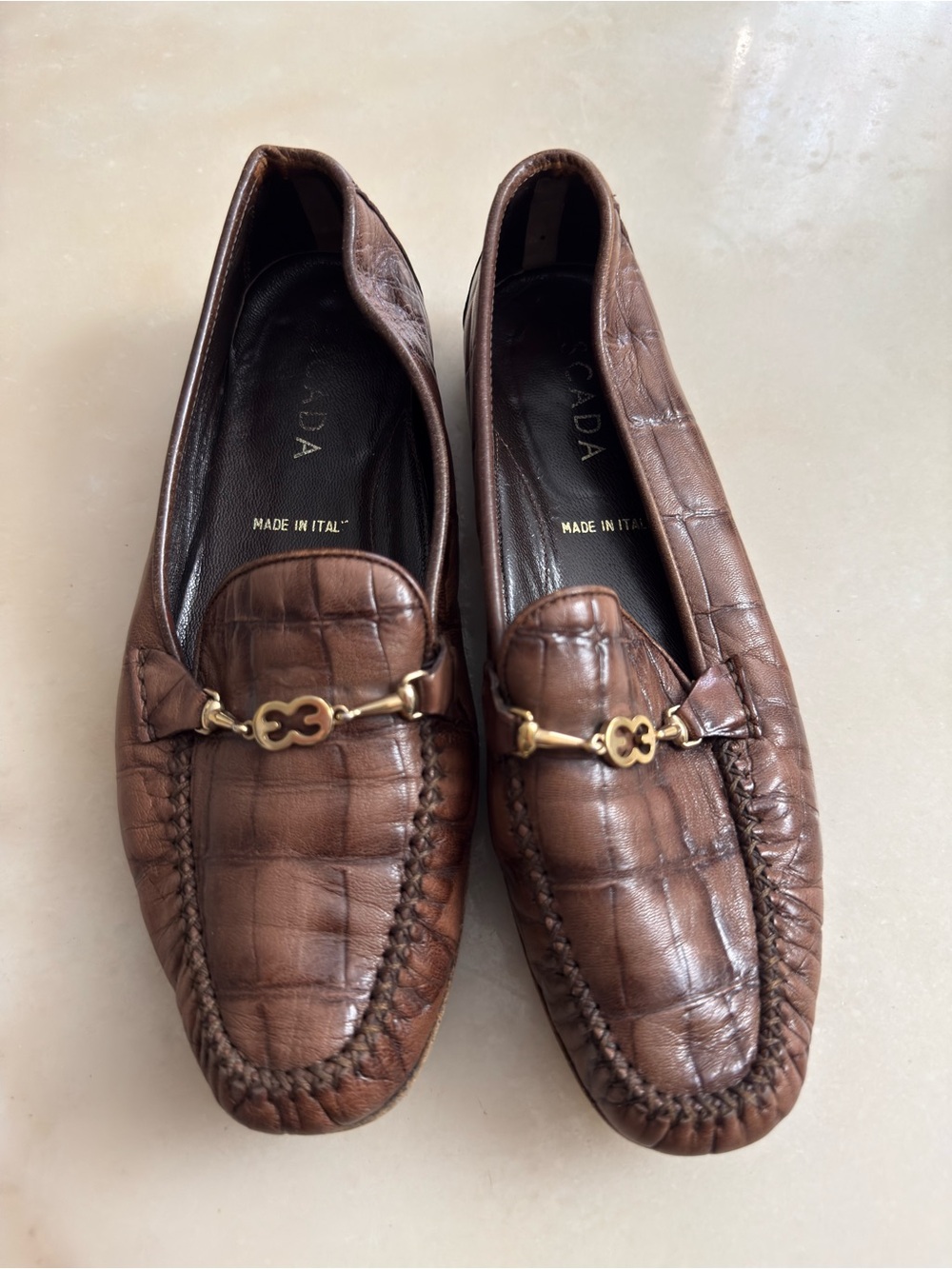 Vintage 90s Escada Brown Croc Embossed Leather Moccasin Loafers Size 36.5